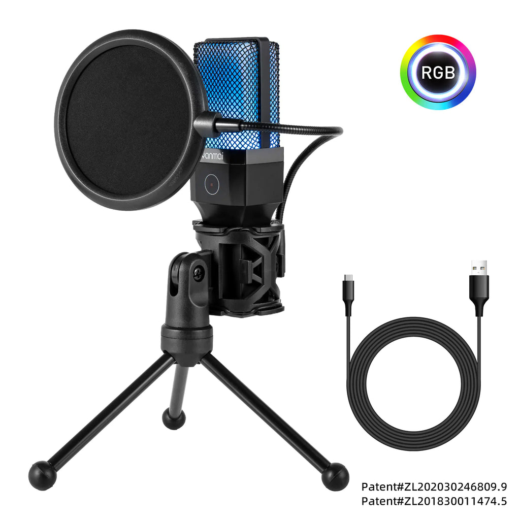 USB RGB Microphone with Stand for Gaming and Video